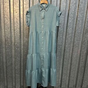 Max Studio Button-Front Tiered Maxi Dress in Teal Blue